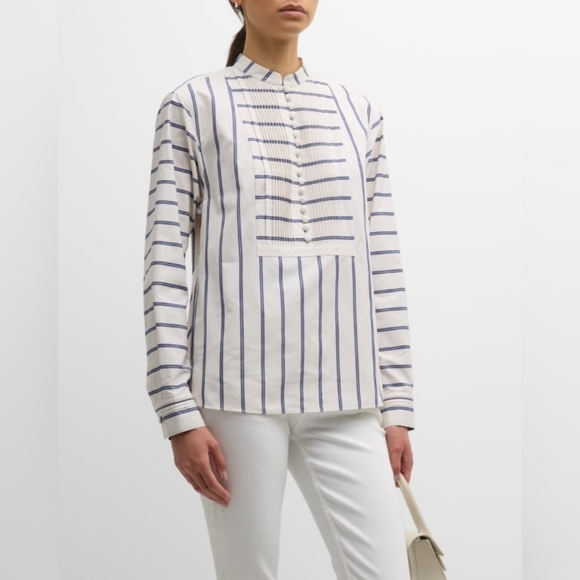 Lafayette 148 New York Striped Pintuck Button-Down Blouse Sz M - Picture 1 of 9